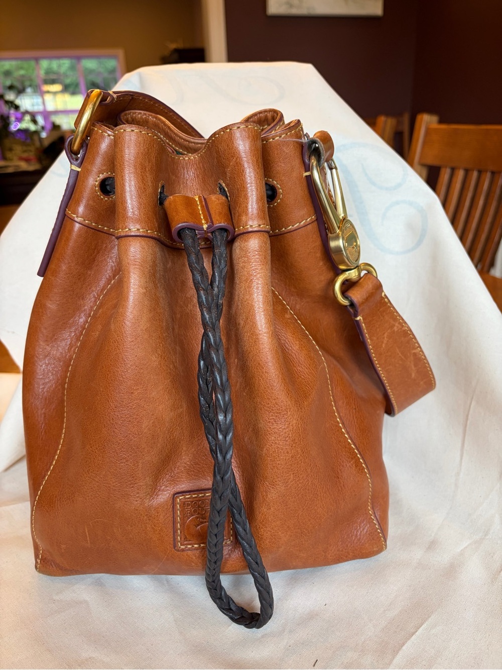 Dooney & Burke Sorrento Brown Leather Drawstring Bucket Bag